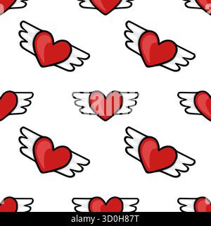 Motif vectoriel sans couture de coeurs rouges stylisés avec des ailes blanches, évoquant un thème ludique et romantique de la Saint-Valentin. Illustration de Vecteur