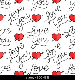 Charmant motif vectoriel sans couture avec des coeurs rouges dessinés à la main percés par les flèches de Cupidon et la phrase manuscrite « Love you » dans un élégant scri noir Illustration de Vecteur