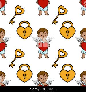 Un charmant motif vectoriel sans couture avec des cupidons adorables tenant des coeurs rouges, aux côtés de clés et de serrures en forme de coeur doré, parfait pour la Saint-Valentin Illustration de Vecteur