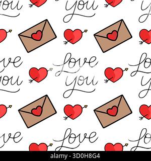 Adorable motif vectoriel sans couture avec des coeurs rouges percés par des flèches de Cupidon et des enveloppes marron avec de minuscules coeurs rouges, entrecoupés d'élégants SC Illustration de Vecteur