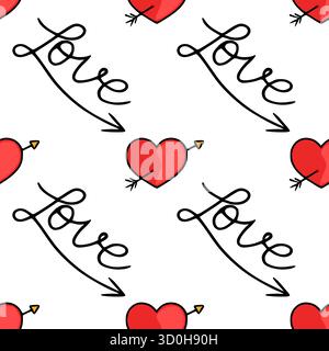 Motif vectoriel sans couture avec des coeurs rouges dessinés à la main percés par les flèches de Cupidon et le mot « amour » dans un script fluide, parfait pour la Saint-Valentin Illustration de Vecteur