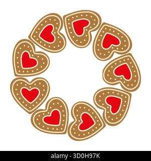 Les biscuits en pain d'épices en forme de cœur sont magnifiquement disposés dans un motif circulaire. Les biscuits sont décorés de glaçage rouge et de points blancs, ajoutant Illustration de Vecteur