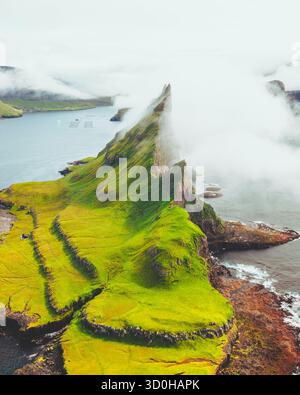 Vue aérienne de la majestueuse cheminée marine du Drangarnir s'élevant brusquement de la mer turquoise, ses pentes verdoyantes enveloppées de brume éthérée, Drangarnir, îles Féroé. Banque D'Images
