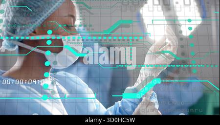 Ajustement chirurgien noir dans les gommages enfiler le gant dans la salle d'opération, avec superposition numérique, espace de copie Banque D'Images