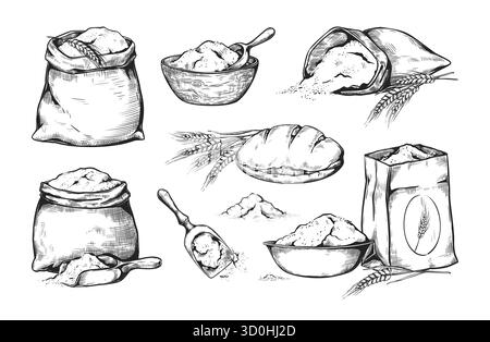 Grain de blé. Croquis de farine et de sac de sucre. Sac en toile de jute en chêne vintage. Récolte agricole. Boulangerie de seigle. Ancien moulin à oreilles pour cuisinier rétro. Pain. Graines d'épillets d'orge. Ensemble d'éléments isolés vectoriels Illustration de Vecteur