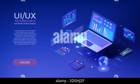 Plate-forme de données isométriques. Tableau de bord numérique dans un ordinateur portable. Technologie d'analyse commerciale 3D ou solutions financières. Affichage analytique de l'interface utilisateur UX. Infographie Web statistique. Logiciels informatiques. Arrière-plan vectoriel Illustration de Vecteur
