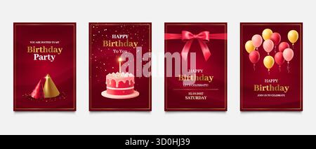 Carte d'anniversaire. Joyeuse invitation de luxe. Modèle de fête d'anniversaire élégant avec cadeau, gâteau dessert et noeud de ruban d'or. Célébration des fêtes. Ballons et confettis. Chapeaux de joie. Ensemble de bannières rouges festives de vecteur Illustration de Vecteur