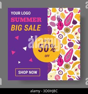 Soldes d'été. Fond de fruits tropicaux. Offre spéciale saisonnière de réduction. Modèle de conception de publication de médias sociaux avec espace de copie. Promotion marketing shopping. Nourriture estivale. Illustration isolée vectorielle Illustration de Vecteur