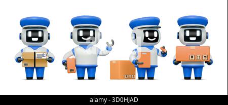 Personnages de robot. Mascotte robotique kawaii 3D. Assistant technologique Cute ai. Cyber facteur transportant une boîte aux lettres. Livraison postale. Robot de messagerie de colis amical. Vecteur tech androïdes sur fond blanc Illustration de Vecteur