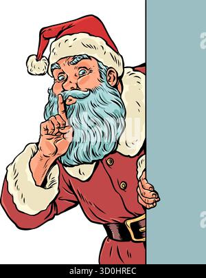 Le Père Noël donne le signe être tranquille. Soldes, promotions et remises du nouvel an. Les secrets du Père Noël et l esprit du nouvel an. Pop Art rétro Vecto Illustration de Vecteur