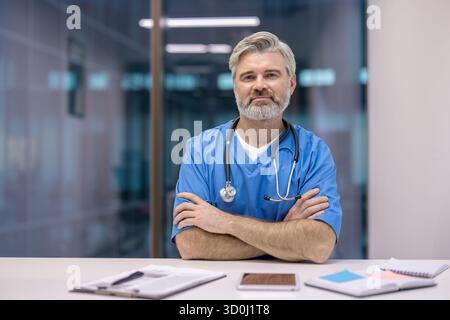 Professionnel de la santé avec les cheveux gris et la barbe portant des gommages bleus et stéthoscope, assis à un bureau avec les bras croisés tout en regardant directement la caméra Banque D'Images
