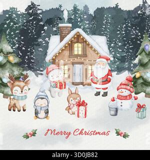 Aquarelle Joyeux Noël carte postale avec Père Noël, pingouin, renne, ours polaire, lapin, et bonhommes de neige dans la forêt enneigée avec des arbres décorés, des guirlandes et une maison en bois confortable Banque D'Images