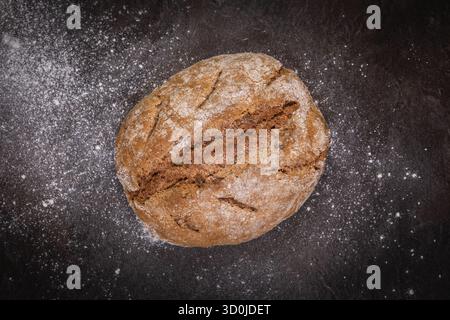 Pain rond entier épeautre de levain avec noix sur une surface d'ardoise sombre, vue centrée de haut en bas montrant la texture de la croûte. Banque D'Images