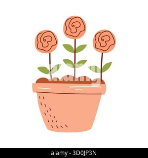 Une plante en pot avec trois fleurs stylisées. Les fleurs sont rondes et de couleur pêche, avec des feuilles vertes. Le pot est orange clair avec une texture Illustration de Vecteur