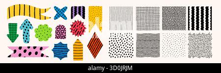 Ensemble de motifs sans couture abstrait avec des formes vectorielles et des flèches colorées, des rubans, des étoiles et des blobs. Motifs avec texture crayon dessinée à la main pour le tissu Illustration de Vecteur