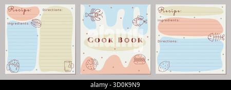 Modèle de livre de cuisine, jeu de pages de recette de vecteur de couleur. Conception de dessin animé mignon doodle avec des icônes de nourriture. Trois cartes dans le style boho vintage. Blancs carrés rétro Illustration de Vecteur