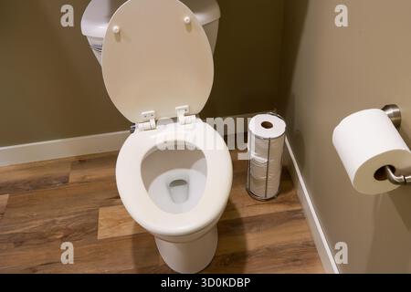 Cuvette de toilettes et porte-papier toilette dans un coin de la salle de bain. Banque D'Images