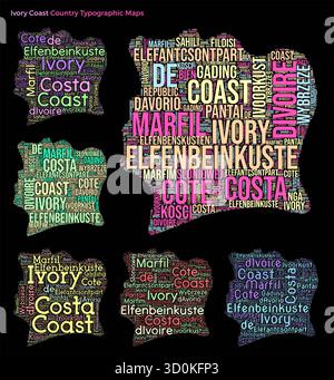 Côte d'Ivoire. Ensemble d'illustrations de pays de style typographique. Forme de carte Côte d'Ivoire construite avec des noms de pays horizontaux et verticaux. Illustration vectorielle. Illustration de Vecteur