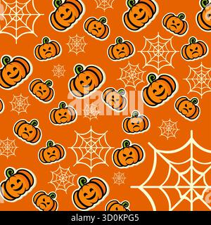 Ce design festif présente un motif répété de citrouilles souriantes et froncées avec des toiles d'araignée sur un fond orange Banque D'Images