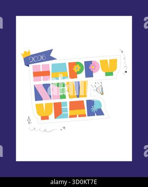 Colorée 2026 conception de post-autocollant bonne année avec typographie moderne audacieuse, conception vectorielle festive pour les planificateurs, les cartes et l'utilisation numérique Illustration de Vecteur