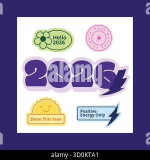 2026 autocollant de motivation dans un style moderne coloré avec citations positives et typographie pour les planificateurs, les revues et la décoration numérique Illustration de Vecteur
