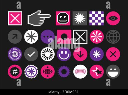 Autocollants Y2K pixels ludiques à la mode. Éléments de design rétro futuriste dans l'esprit de l'esthétique des années 90. Définissez les icônes Neon 8 bits, l'interface UX et l'interface UI. Banque D'Images