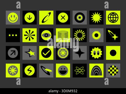 Autocollants Y2K pixels ludiques à la mode. Éléments de design rétro futuriste dans l'esprit de l'esthétique des années 90. Définissez les icônes Neon 8 bits, l'interface UX et l'interface UI. Banque D'Images