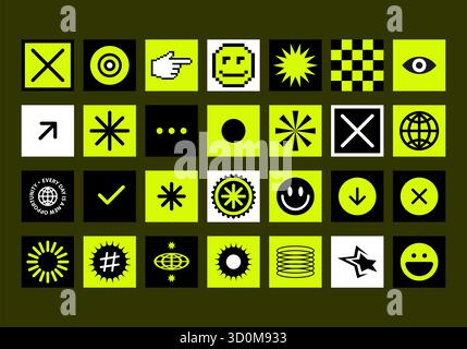 Autocollants Y2K pixels à la mode et ludiques. Éléments de design rétro futuriste dans l'esprit de l'esthétique des années 90. Définir les icônes néon 8 bits. Interface utilisateur. Banque D'Images