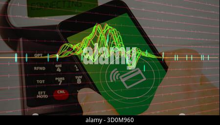 Tenir smartphone avec écran sans contact à la caisse avec clavier, CONNEXION DE l'écran et de la forme d'onde Banque D'Images