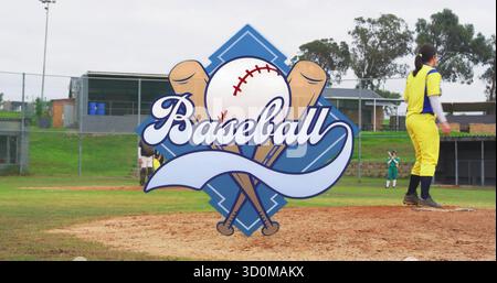 Arborant l'emblème du baseball au-dessus du stade de baseball avec un lanceur en uniforme jaune lançant la balle depuis le monticule Banque D'Images