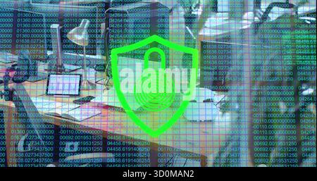 Icône de bouclier flottant affichant un cadenas planant au-dessus du bureau avec des professionnels utilisant des ordinateurs portables Banque D'Images