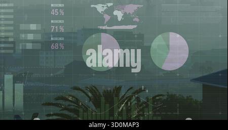 Affichage de deux diagrammes circulaires pastel superposant une scène de front de mer avec un graphique de carte du monde et des diagrammes à barres. Visualisation des données, analyse, interface numérique, Banque D'Images