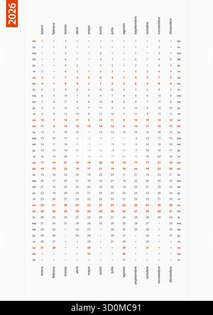 Espagnol calendrier vertical à une rangée 2026, dimanche premier jour de la semaine. Calendrier vectoriel en langue espagnole. Illustration de Vecteur