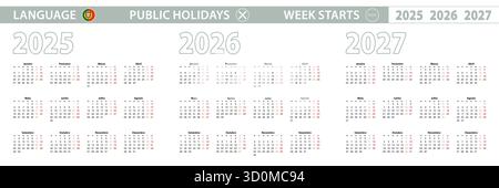 Modèle de calendrier simple en portugais pour 2025, 2026, 2027 ans. La semaine commence à partir du lundi. Illustration vectorielle. Illustration de Vecteur