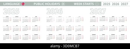 Modèle de calendrier simple en anglais pour 2025, 2026, 2027 ans. La semaine commence à partir du lundi. Illustration vectorielle. Illustration de Vecteur
