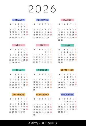 Calendrier 2026 avec un design moderne élégant et des en-têtes de mois colorés en langue anglaise. Planificateur annuel imprimable pour la maison, le travail, l'école, personnel Illustration de Vecteur