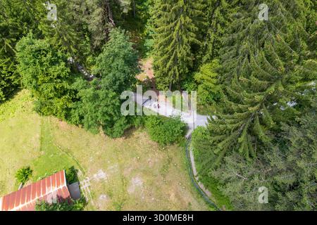 Vue aérienne d'une forêt verdoyante avec des sentiers sinueux, où la lumière du soleil filtre à travers la canopée, et un bâtiment rustique se niche à la lisière de la forêt, Engelberg, Suisse. Banque D'Images