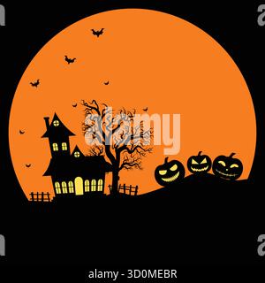 Old House et Dead Tree entourés de chauves-souris lors D'Une nuit de pleine lune Illustration de Vecteur
