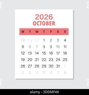 Calendrier octobre 2026 icône dans un style plat. Illustration vectorielle de planificateur sur fond isolé. Concept commercial de signe de calendrier. Illustration de Vecteur