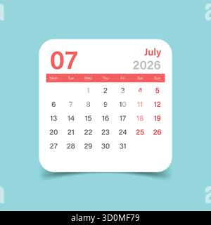 Calendrier juillet 2026 icône dans un style plat. Illustration vectorielle de planificateur sur fond isolé. Concept commercial de signe de calendrier. Illustration de Vecteur