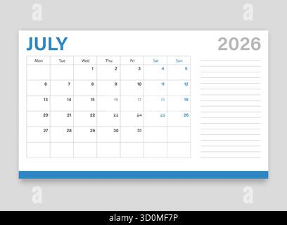 Calendrier juillet 2026 icône dans un style plat. Illustration vectorielle de planificateur sur fond isolé. Concept commercial de signe de calendrier. Illustration de Vecteur