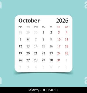 Calendrier octobre 2026 icône dans un style plat. Illustration vectorielle de planificateur sur fond isolé. Concept commercial de signe de calendrier. Illustration de Vecteur
