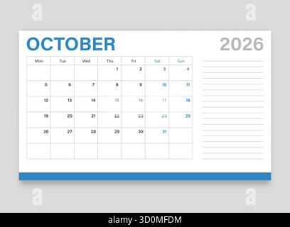 Calendrier octobre 2026 icône dans un style plat. Illustration vectorielle de planificateur sur fond isolé. Concept commercial de signe de calendrier. Illustration de Vecteur