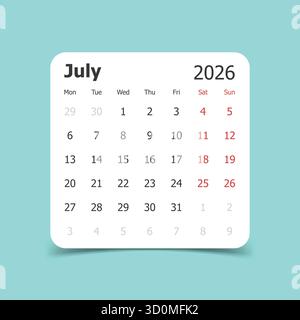 Calendrier juillet 2026 icône dans un style plat. Illustration vectorielle de planificateur sur fond isolé. Concept commercial de signe de calendrier. Illustration de Vecteur