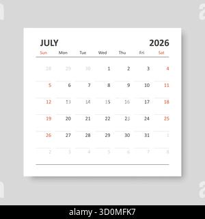 Calendrier juillet 2026 icône dans un style plat. Illustration vectorielle de planificateur sur fond isolé. Concept commercial de signe de calendrier. Illustration de Vecteur