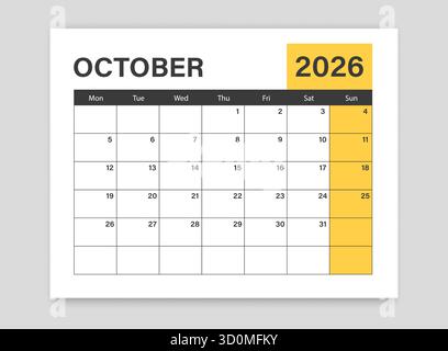 Calendrier octobre 2026 icône dans un style plat. Illustration vectorielle de planificateur sur fond isolé. Concept commercial de signe de calendrier. Illustration de Vecteur