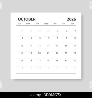 Calendrier octobre 2026 icône dans un style plat. Illustration vectorielle de planificateur sur fond isolé. Concept commercial de signe de calendrier. Illustration de Vecteur