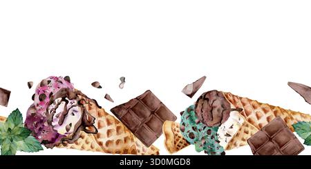 Menthe mouchetée, baies et cuillères à crème glacée aux pépites de chocolat dans des cônes gaufrés, morceaux de barre. Bordure de bannière sans couture isolée dessinée à la main à l'aquarelle Banque D'Images