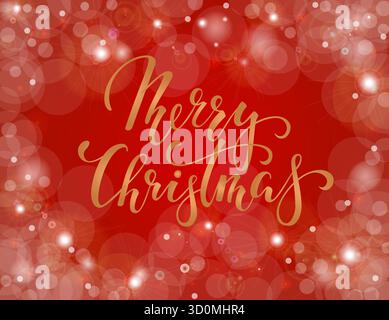 Joyeux Noël. Calligraphie créative dessinée à la main, lettrage au stylo pinceau sur fond rouge avec bokeh. conception pour les cartes de vœux et invitations de vacances Illustration de Vecteur