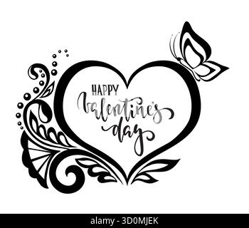 Bonne Saint Valentin. Calligraphie dessinée à la main et lettrage au pinceau. silhouette coeur dentelle fleurs. conception pour carte de voeux et invitation de vacances Illustration de Vecteur